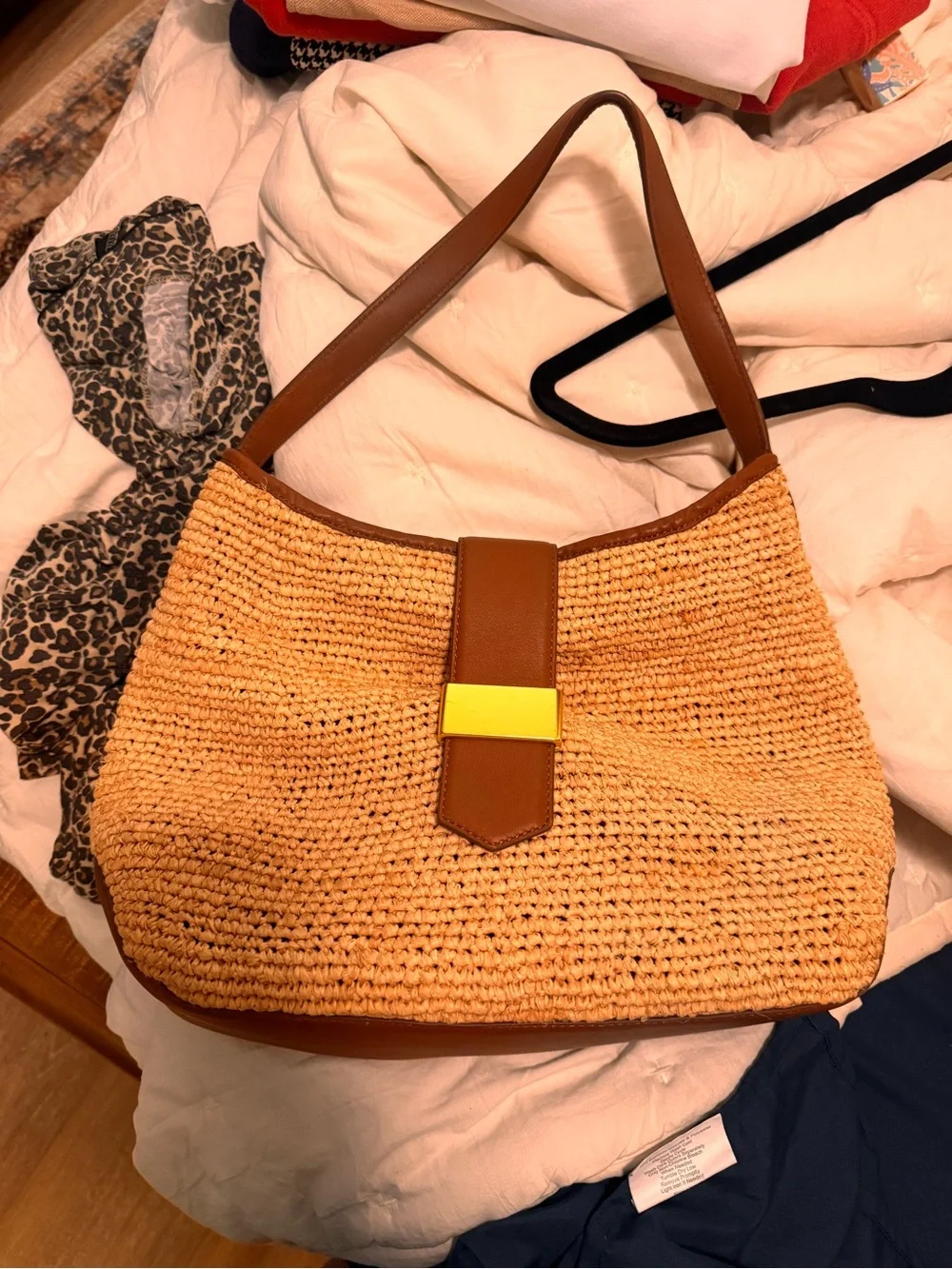 J. Crew Straw Shoulder Bag with Brown Leather and Yellow Accent
